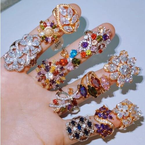 20Pcs/Lot Big Luxury Rings Wholesale Colorful AAA CZ Crystal Vintage Anniversary Gifts Jewelry Ring Size 5 6 7 8 9 10