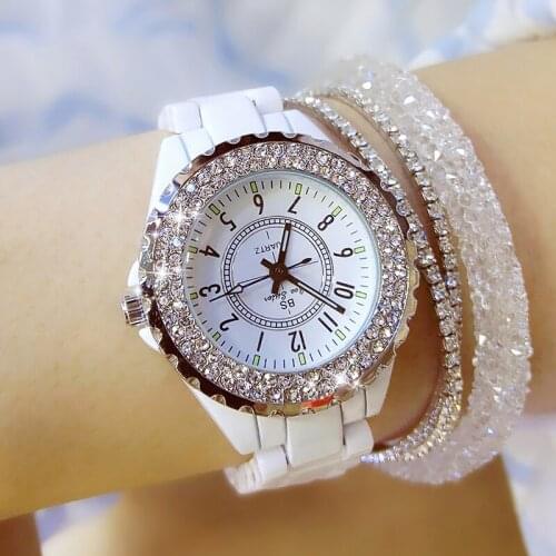 BS Brand Luxury Women Watches Ceramic Ladies Wrist Watch Quartz Elegant Fashion White Dress Female Wristwatch Rhinestone Clock