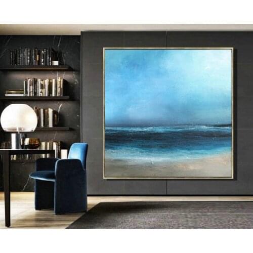 Sea Level Blue Oil Painting,Large Wall Art Light Blue Sky Oil Painting,Sky Landscape painting,Large Ocean Canvas Oil Painting