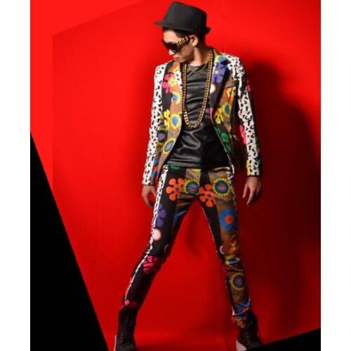 Colored flowers blazer men suits designs jacket mens stage costumes for singers clothes dance star style dress punk rock