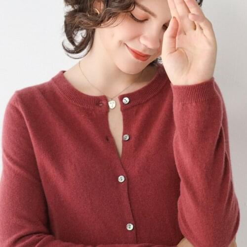 LHZSYY Spring Autumn New Cashmere Cardigan Womens Round Neck Loose Wild Knit Sweater Short Base Shirt 100%Pure Wool Warm Jacket