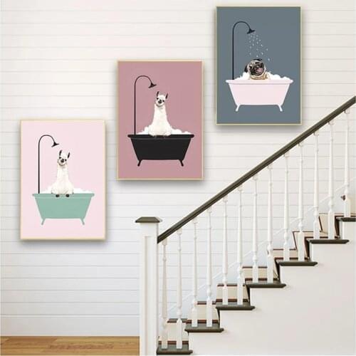 Bath Animal Dog and Sheep Cartoon Painting Posters Picture Nursery Minimalist NordicPink Wall Art Canvas Baby Girl Room Decor