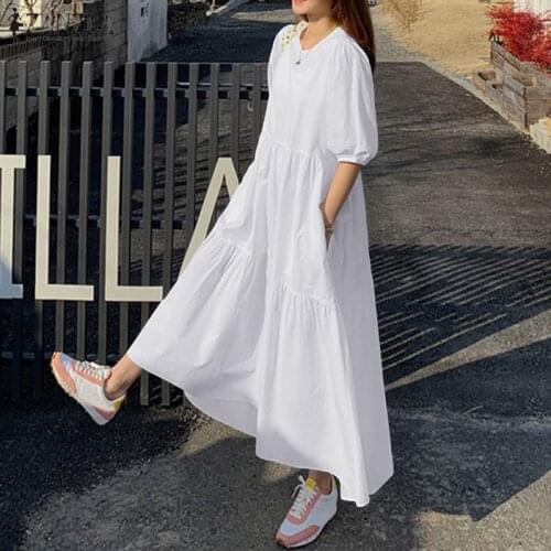 ZANZEA 2021 Summer Puff Sleeve Dress Fashion Womens Ruffle Sundress Solid Maxi Vestidos Female Casual Hollow Robe Oversized