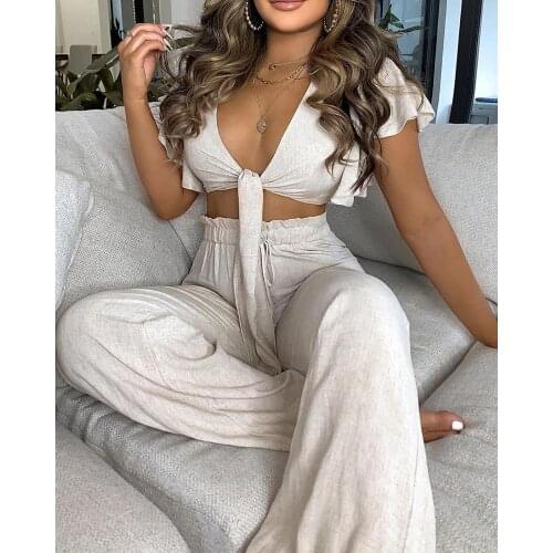 Fashion Two Piece Set Casual Wear Suits Set Two Piece Outfit Solid Ruffles Sleeve Knotted Crop Top & High Waist Pants Set