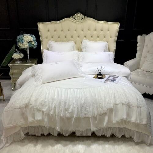 Luxury White Soft Cozy 1200TC Egyptian Cotton Princess Wedding Bedding Set Double Lace Duvet Cover Flat/Fitted Sheet Pillowcases