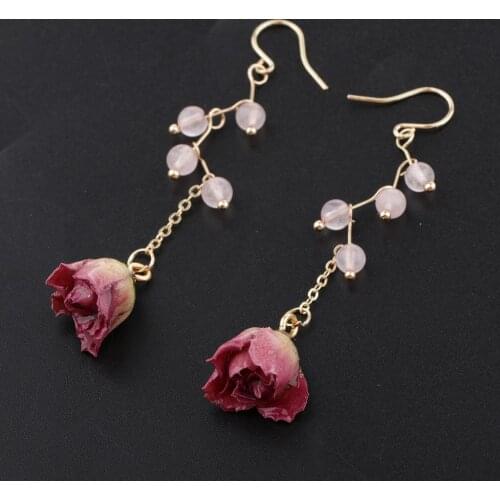 Real Dried Big Rose Flower Drop Dangle Hook Earrings Cute Ear Stud Jewelry