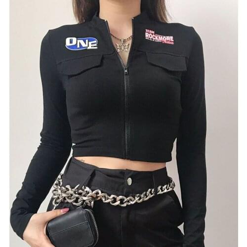 SEASONS Harajuku Print Long Sleeve Crop Tops Skinny Black Cotton T-shirt Women Gothic Zipper Casual Tee Shirt Femme ASTS81573