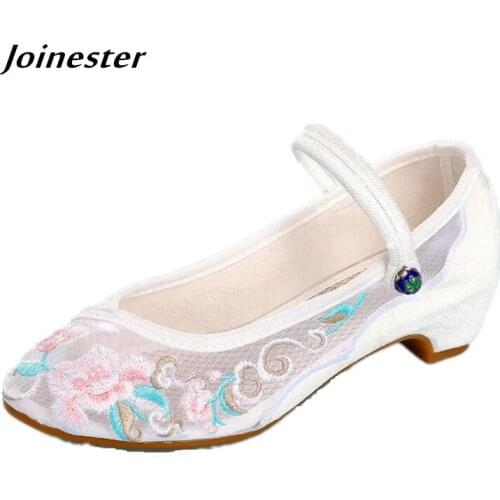 Womens Embroidery Pointed Toe Mesh Pumps Low Heel Summer Beach Shoes Ladies Ethnic Mary Jane Sandals Transparent Dress Loafers