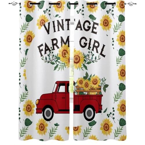 Vintage Farmhouse Red Truck Sunflowers Blackout Curtains For Living Room Bedroom Window Treatment Blinds Drapes Kitchen Curtains