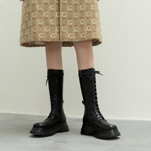 MEZEREON Platform Woman Boots Round Toe Split Leather Women Shoes Cross-Tied Handsome Girl High-Street Footwear Punk Style