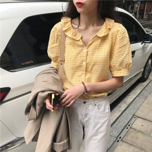 Womens Fashion Summer Puff Sleeve Casual Lattice Lapel Short Sleeve T-shirt Blouse Tops