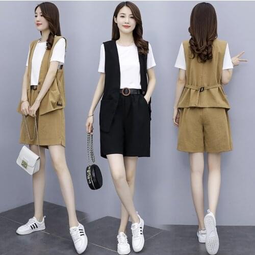 Short Sets Women Summer 2021 New Fashion Casual Loose Wide Leg Sleeveless Solid All-match Ins Chic Simple Outwear 2 Piece Outfit