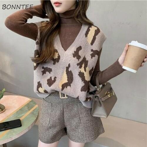Sweater Vest Women V-Neck Print Fashionable Stylish Sleeveless Knitted Autumn All-match Ladies Clothing Loose Korean Style Chic