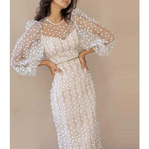 2021 lady temperament embroidery see-through mesh sexy party dress female V-neck dress retro printing elegant office lady dress