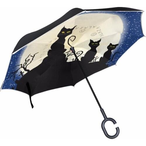 Windproof Night Sky Milky Way Moon Cat Inverted Umbrella Double Layer Women Rain Reverse Umbrellas