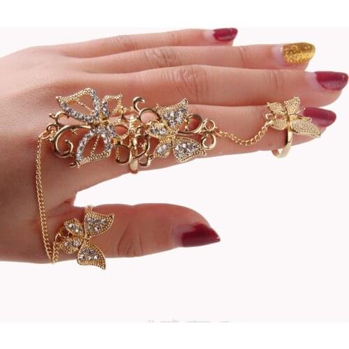 1PC Rhinestone Flower Butterfly Full Finger Ring Gold Chian Link Double Ring