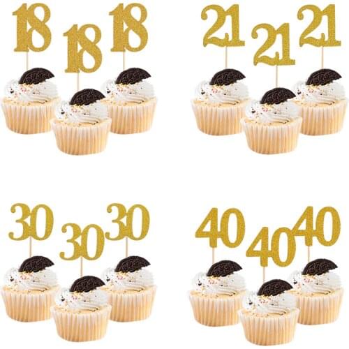 20pcs Glitter Gold Number 18 21 30 40 50 60 Cupcake Topper Food Pick Birthday Cake Decoration Anniversary Dessert Party Supplies