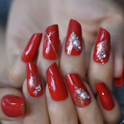 Pure Red Color Medium Pearl Glitter Nail Pre Designs Lipstick Nail Tips Press On Nail Full Cover Fingernail Tips Detachable Set