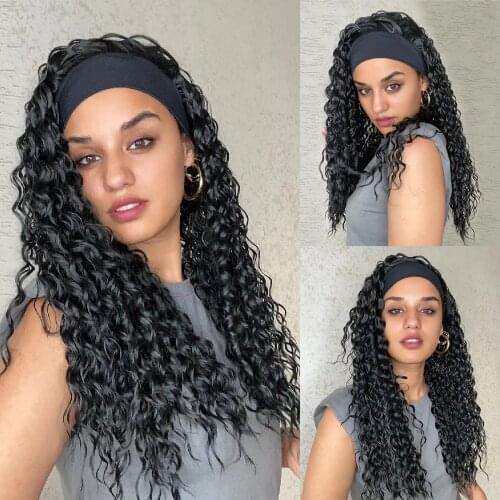 Long Water Wave Headband Wigs for Black Women Heat Resistant Natural Black Synthetic Hair Wigs With Headband Fake Hair