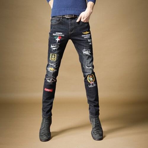 Free Shipping New mens male denim jeans Personality Autumn men 2019 Korean hip-hop embroidery hole slimming trousers