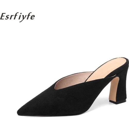 ESRFIYFE Nude Slippers Women Pointed Toe Slides Women Mules Small Heel Slippers Ladies Dress Shoes Fashion High Mules Female