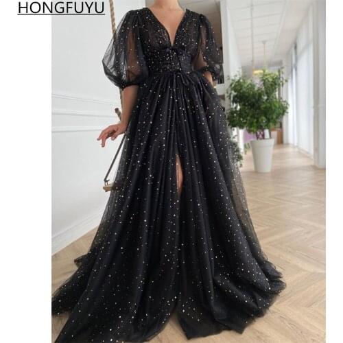 HONGFUYU Black Starry Tulle Prom Dresses Sparkly V-Neck Half Puff Sleeves Wedding Party Dresses Slits Long A-Line Evening Gowns