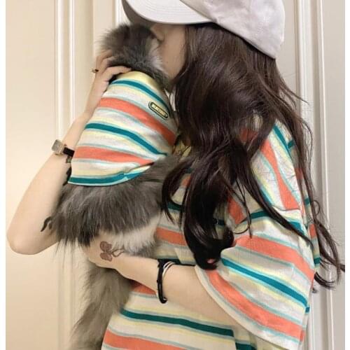 Korean version of cool parent-child clothing spring and summer thin parent-child striped T-shirt Teddy clothes Fadou cat clothes