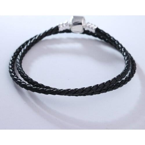 Black Color Leather Bracelets for Women Men Classic Signature Clasp Silver 925 Jewelry Braided Rope Charms Bracelets DIY Making