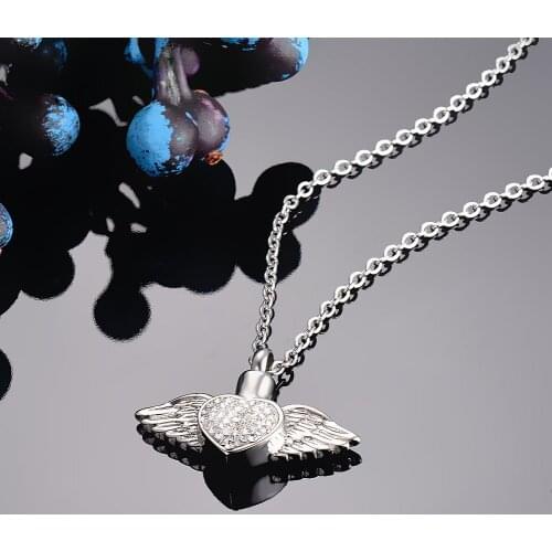 Angel Wings & White Crytsal Heart Cremation Memorial Necklace Jewelry Can Open Keepsake Ashes Urn Pendant Dropshipping