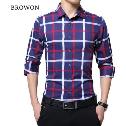 BROWON Brand Plus Size Casual Cotton Plaid Shirt Men Long Sleeve Red and White Plaid Turn Down Collar Dress Shirt for Man