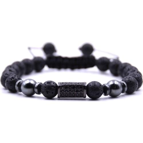 New Black CZ Cubic Zirconia Black Natural Lava Stone Bead Bracelet Charm Man Weaving Adjustable Rope Chain Bracelet Men’s Gift