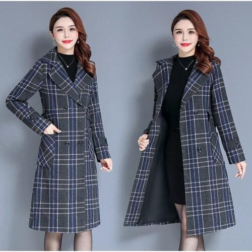 Autumn Winter Plaid Woolen Jacket Middle-aged Womens New Korean Slim Elegant Temperament Long Coat Plus size Female Overcoat