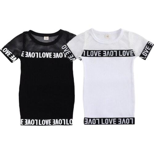 Girls Fashion Mesh Yarn Stitching Hollow Dress Children Cute Round Neck Short Sleeve Dress 1-5 Years