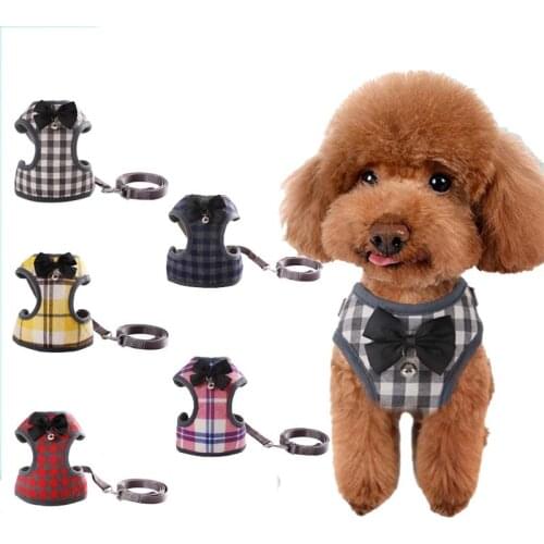 Small Dog Harness and Leash Set Bow Tie Pet Cat Vest Nylon Durable Pets Strap Bell Plaid Mesh Padded Leads for Small Puppy Dogs