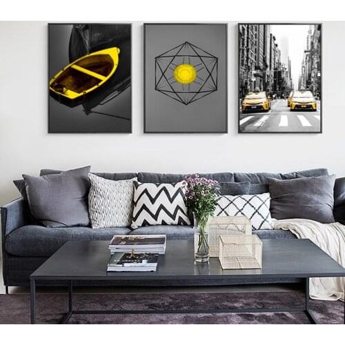 Modern City Landscape Poster Black Yellow Taxi Boat Wall Art Canvas Painting Abstract Print Decorative Picture for Living Room