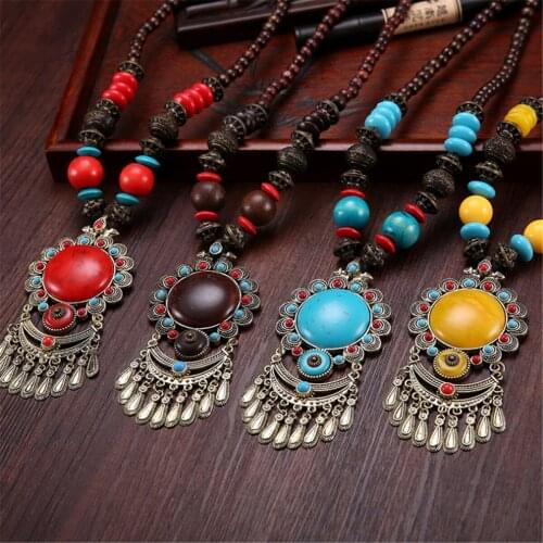 Vintage Boho Jewelry Ethnic Necklace Pendant Hand Made Wood Bead Sweater Chain