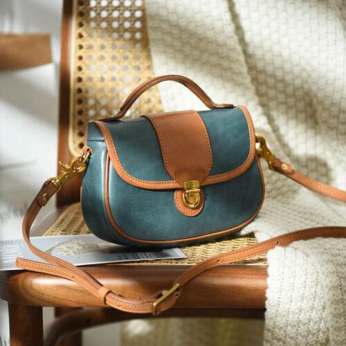 WOONAM Handcrafted Genuine Natural Calf Leather Contrast Color Patchwork Saddle Messenger Flap Crossbody Shoulder Bag Lady Purse