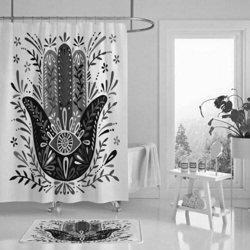 Creative palm green tropical plant printing shower curtain set waterproof polyester fabric curtain and non-slip bath mat