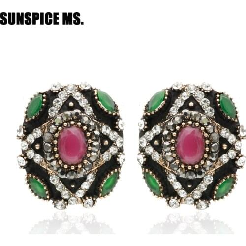 SUNSPICE MS. Vintage Stud Earrings For Women Resin Round Retro Indian Jewelry Turkey Ethnic Design Square Earrings Bijoux Gift