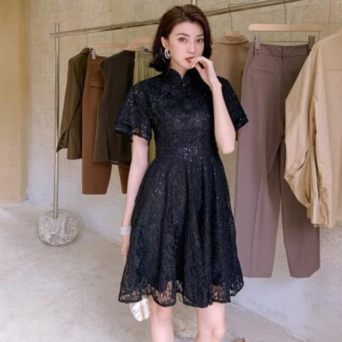 Summer Vintage Bandage Black A Line Dress High-end Women Cheongsam Stand Collar Short Sleeve Dress Elegant Party Dresses Vestido