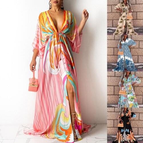 Women Maxi Dress Elegant Gorgeous Print Deep V Party Dresses Summer Drawstring Floor Length Slit Hem Beach Dress Streetwear