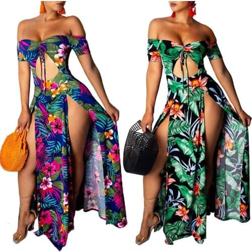 Fashion Womens Beach Dress Sexy Strapless Hollow Out Loose Maxi Sundress Floral Printed Short-Sleeve High Split mujer vestidos