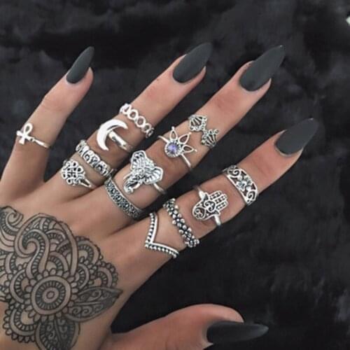 15 Pcs/set Bohemian Retro Crystal Flower Leaves Hollow Lotus Gem Ring Set Women Wedding Anniversary Gift wholesale