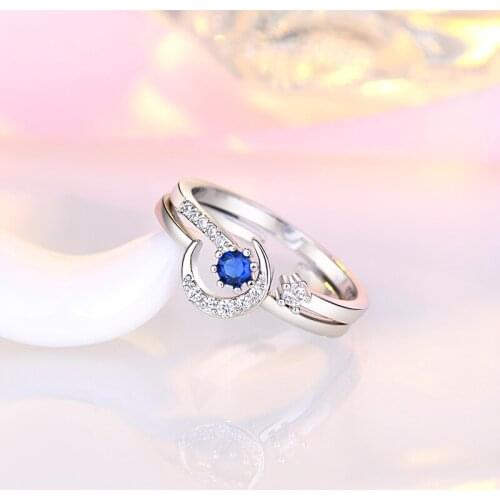 2 PCS Female Wedding Rings 925 Sterling Silver Moon Star Finger Loops Paved Zircon Engagement Jewelry for Women Gift Anillos