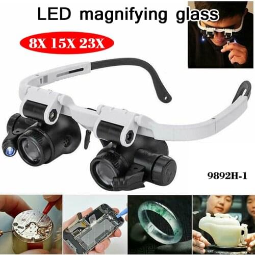 8/15/23X Head-mounted Magnifier LED Light Double Eye Loupes Lens Magnifier Jewelry Watch Magnifier Repair Tool Reading Tool