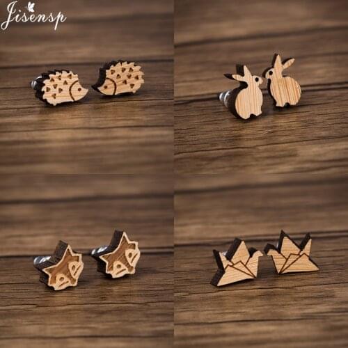 Jisensp Lovely Animals Wooden Earrings Vintage Hedgehog Stud Earrings Fashion Jewelry for Women Girls Christmas Gift bijoux