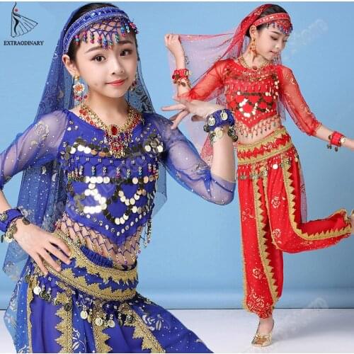 Children Bollywood Belly Dance Indian Costume Set Sari Girls Performance Chiffon Outfit Halloween Top Belt Pants Veil Headpiece