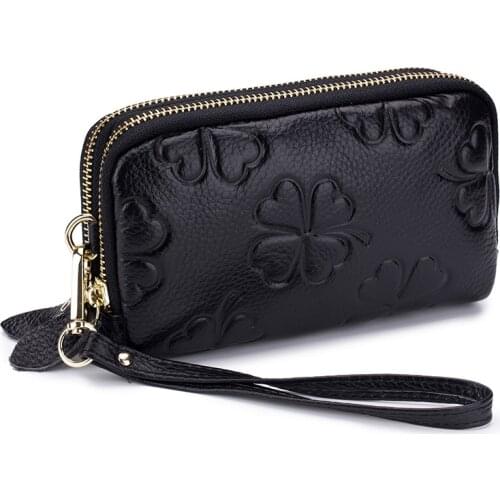 Genuine Cow Leather Women Long Wallet First Layer of Cowhide Ladies Double Zipper Purse Four-Leaf Clover Female Money Bag Clutch