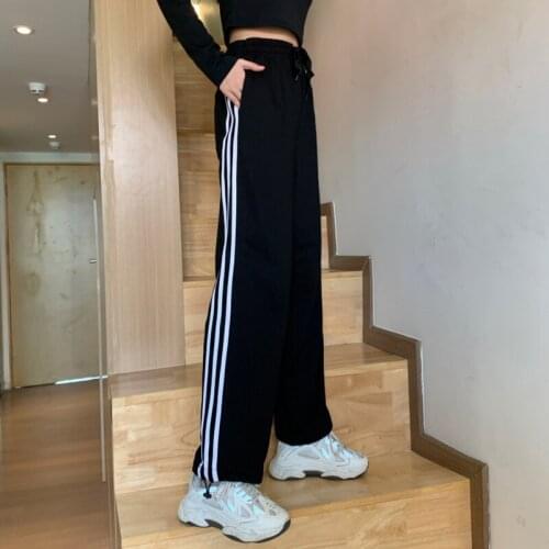 Harteen Spring Autumn Womens Clothing 2021 Korean Fashionable Casual Basic Striped Sports Trousers High-Waist Wide-Leg Pants