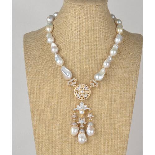20" Gold Plated CZ White Keshi Pearl Necklace Earrings Sets